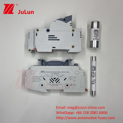 Inverter surya fotovoltaik Fuse PV Dengan Keramik Badan DIN Mount Dc Fuse 250a 10x85 1500Vdc Fuse PV Pemegang 15