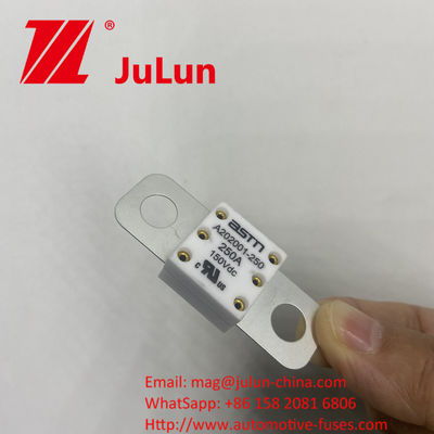 Fuse Keramik Otomotif 150VDC 300A A202001 dengan Metode Pemasangan Bolt Sekrup Karakteristik Listrik 1.0 Dalam 4 Jam 3.0 Dalam 10s Max