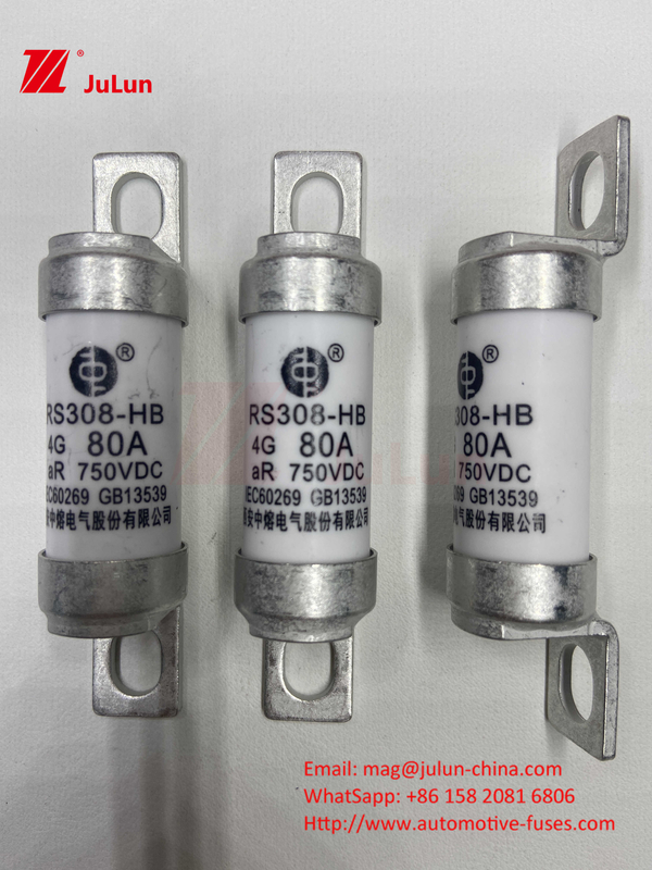 EV RS308 Fuse Mechanical Shock 25A 30A 40A 50A Keramik Tembaga Rated Voltage DC750V Home Ev Charger Untuk Mobil Listrik