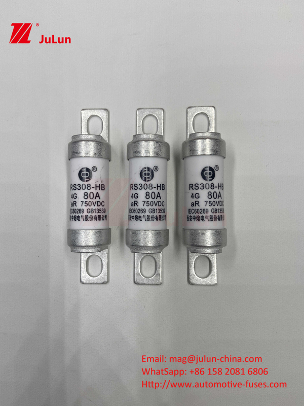M6 Bolted EV Fuse 750V 80A10A 30A 50A 750VDC EV Fuse Hei Cocok untuk Sistem Traksi EV, Konversi Daya