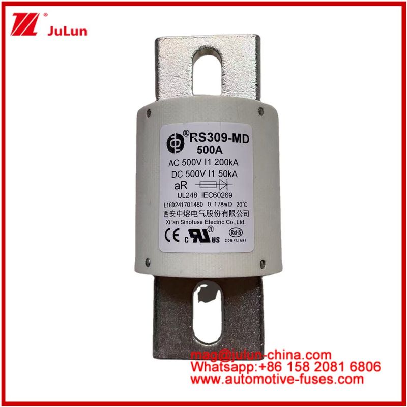 500VDC 200KA 500VAC 50KA AR Fuse Cepat Keramik Tubular Fuse RS309-MD 500A Untuk Kendaraan Listrik Dan Sistem Baterai Daya