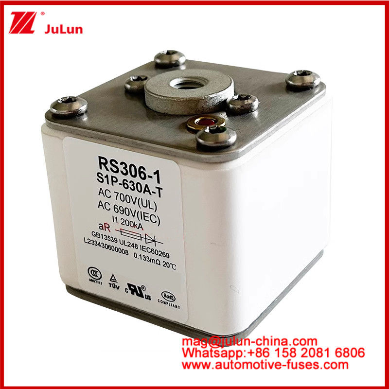 RS306-1 S1P-630A-T AC700 ((UL) Ar AC690V ((IEC) 200KV Square Caremic Fuse EV Atau HEV Traksi Kendaraan Listrik