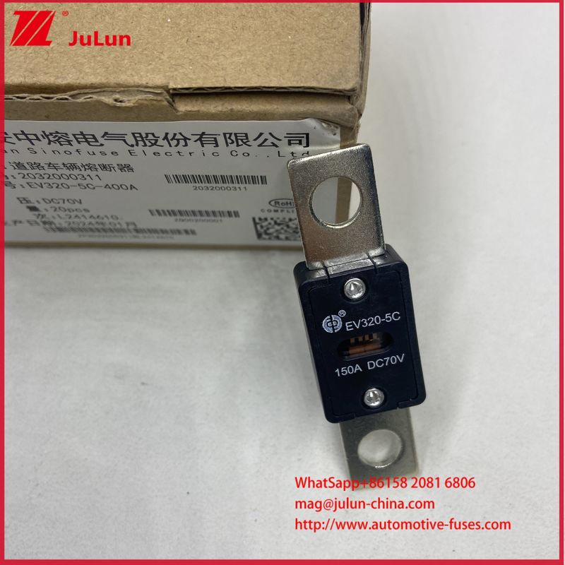 Mobil listrik khusus EV320-5C 5X 150A 80A DC70V Fuse Kendaraan jalanan Rating arus 80A ¢ 500A Keandalan keamanan untuk EV