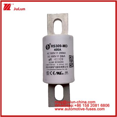 RS309-MD 400A 500VAC 200KA 500VDC 50KA AR Fuse Keramik Otomotif Tubular Pemasangan baut Perlindungan Semikonduktor