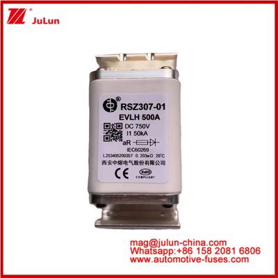 RSZ307-01 EVLH 500A 750VDC FUSE 50KA Keramik persegi Pengisi daya Otomotif Perangkat Kendaraan Listrik Dan Peralatan Ukuran Kecil Low Melting I2t Nilai Tinggi Breaking Kapasitas Energi